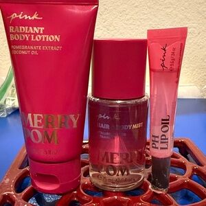 Victoria’s Secret Pink Merry Pom Set Lotion Mist Lip Oil Pomegranate NEW